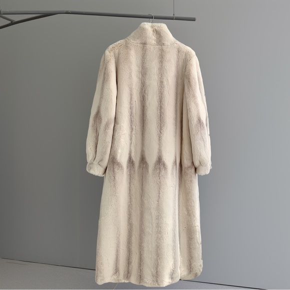 Faux Fur Full Length Coat Ivory Cream Vintage Style Collar Bridal Old Money - Picture 2 of 6